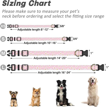 Reflective Dog Collar for Extra Small Dogs, Cute Daisy Theme Adjustable Heavy-Duty Nylon Puppy Collar for Boy and Girl Female, Soft Pet Accessories with Quick Release Buckle, Neck 8-12", Pink