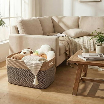 Woven Blanket Basket,65L Large Storage Bin for Blankets Toys Clothes,Decorative Rope Basket for Living Room Bedroom with Handles, Jute&Black