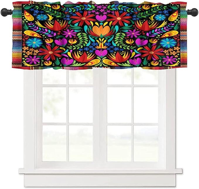 Mexico Fiesta Valance Curtains Farmhouse Rustic Cinco De Mayo Dia De Los Muertos Pattern Window Treatment Valances Short Curtains Rod Pocket Drape for Dining Room Home Kitchen Decor, 54x18inch