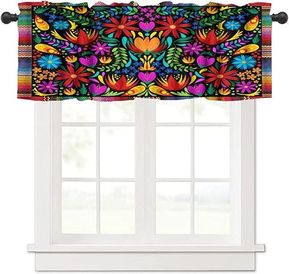 Mexico Fiesta Valance Curtains Farmhouse Rustic Cinco De Mayo Dia De Los Muertos Pattern Window Treatment Valances Short Curtains Rod Pocket Drape for Dining Room Home Kitchen Decor, 54x18inch