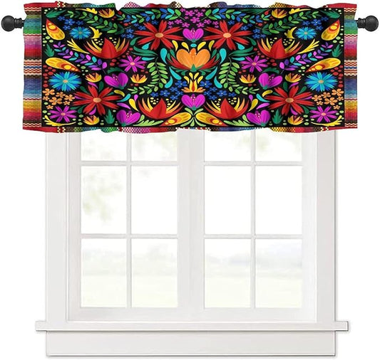 Mexico Fiesta Valance Curtains Farmhouse Rustic Cinco De Mayo Dia De Los Muertos Pattern Window Treatment Valances Short Curtains Rod Pocket Drape for Dining Room Home Kitchen Decor, 54x18inch
