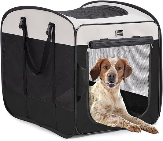 DONORO Dog Kennels and Crates for Medium Dogs, Portable Pop Up Indoor Pet Cage with Sturdy Wire Frame, Collapsible Travel Crate Soft Sided Cat Bag Escape Proof (Black, 32.0" L x 21.0" W x 26.0" H)