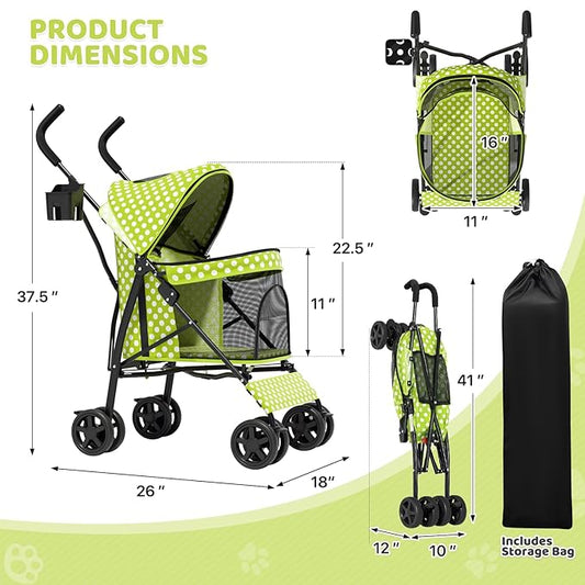 Magshion Compact Pet Stroller for Small-Medium Dogs/Cats up to 22lbs, 4-Wheel Lightweight Umbrella Shaped Portable Puppy Travel Jogger with Breathable Mesh, Cup Holder & Rear Storage, Lawn Green