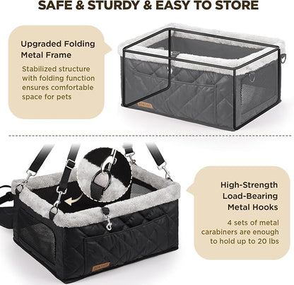 Upgrade Dog Booster Seat for Small Dogs,Small Dog Car Seat with Sturdy Metal Frame and Waterproof Leather Material for Small Pets up 20 lbs,Portable Travel Carrier with Storage Pocket