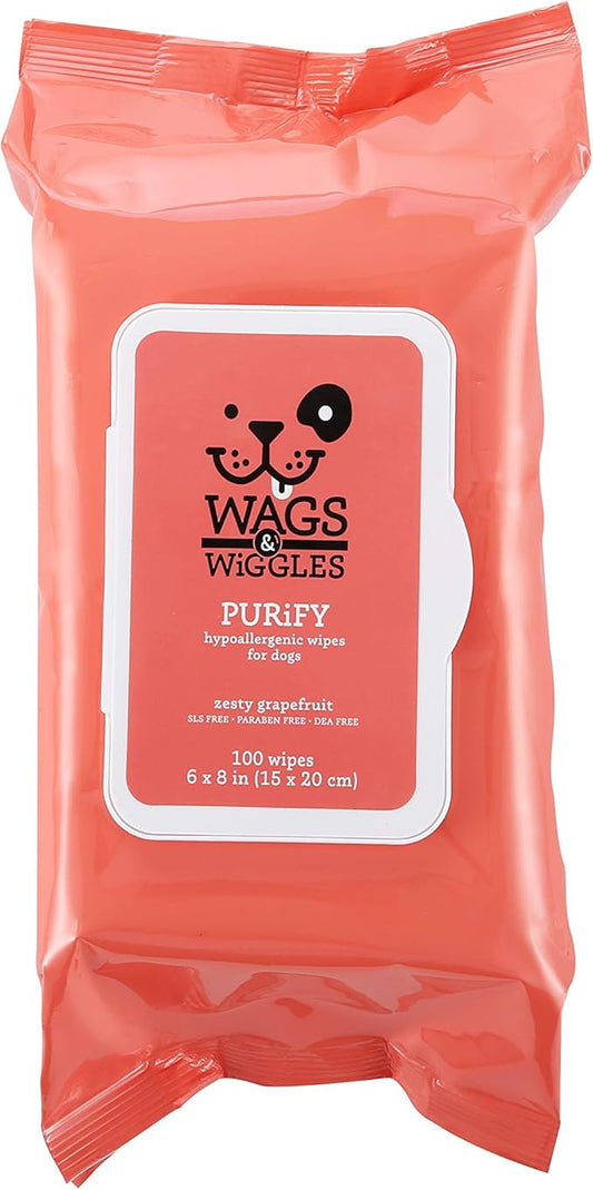 Wags & Wiggles Purify Hypoallergenic Dog Wipes for Sensitive Skin, Paw and Body Grooming Wipes with Gentle Plant Based Formula for Everyday Cleaning, Zesty Grapefruit Scent, 100 Count - 12 Pack