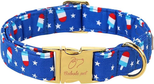 4th of July Dog Collar, Blue Flag Popsicle Patriotic Pet Collar with Metal Buckel, Adjustable Summer Holiday Dog Collars for Small Medium Large Dogs S