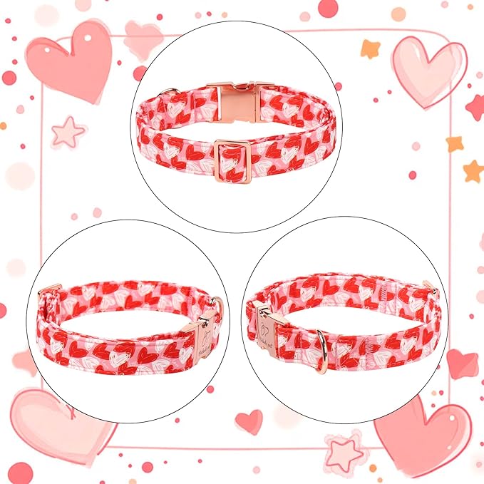 Valentines Dog Collar, Cute Pink Valentine Dog Collars, Doodle Heart Pattern, Adjustable Heavy Duty Pet Collar for Small Medium Large Dogs with Metal Buckle S