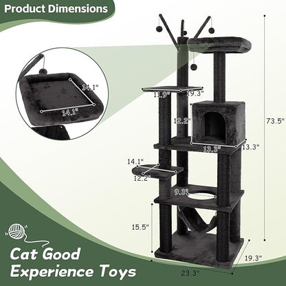 KAMABOKO Gothic Cat Tree, 73.6in Black Cat Tower with Coffin Bed, Big Tall Cat Condo with Sisal Scratching Posts, Scratching Ramp and Comfort Basket for Indoor Cats