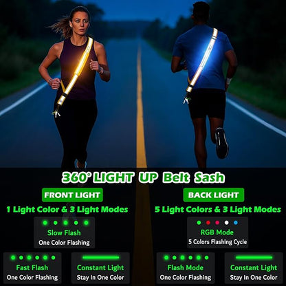LED Reflective Belt Sash, Rechargeable LED Light Night Safety Walking Gear, High Visibility Adjustable Reflective Gear for Runners Walkers Cyclists at Night (Orange)