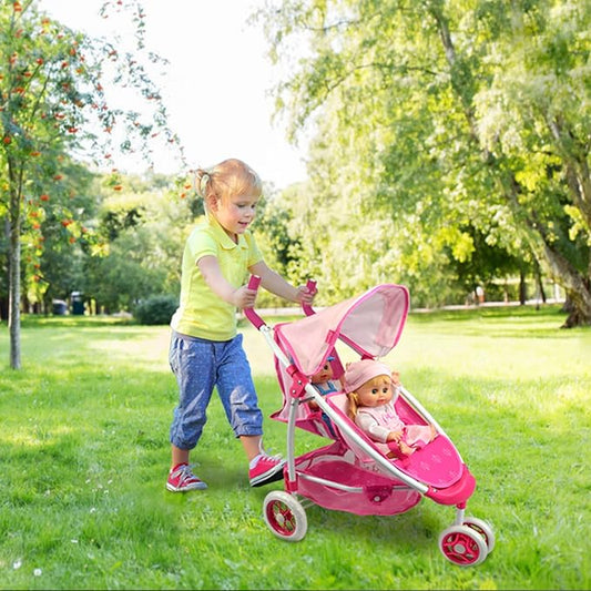 ANIVIA Twin Doll Stroller Heart Design, 1:1 Foldable Double Doll Pram, Suitable for Ages 3+, Dolls Up to 36cm, Pink, DA601T Black