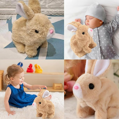 Easter Bunny Toy, Rabbit Interactive Hopping Electronic Pet Plush Bunny Toy with Sounds and Movements Animated Walking Wiggle Ears Twitch Nose（Brown）