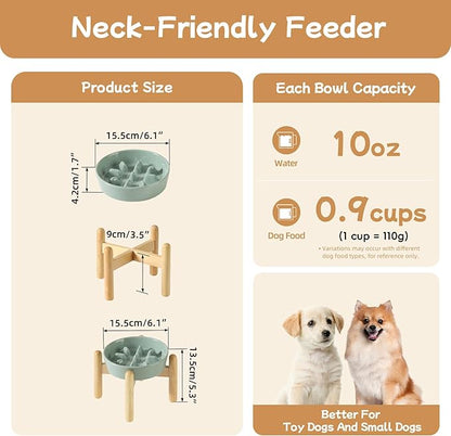 Ceramic 0.9 Cup Dog Raised Slow Feeder Set, Elevated Bowl with Wooden Stand for Small Dog, 6.1inch Pet Slow Feeder Dish for Fast Easters, Preventing Choking (Light Green, Single Bowl+ Stand)