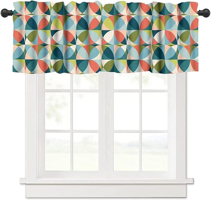 Mid Century Curtain Valance, Retro Abstract Geometric Circles Boho Vintage Classic Minimalist Window Valance Curtains for Farmhouse Bedroom Living Room Kitchen 54x18inch