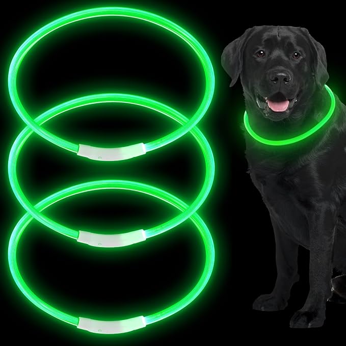 Weewooday 3 Pcs Dog Collar USB Rechargeable LED Light up Dog Collar Flash Waterproof Pet Necklace Pet Lights for Night Walking Adjustable Safety Necklace for Large Medium Small Puppy(Green)