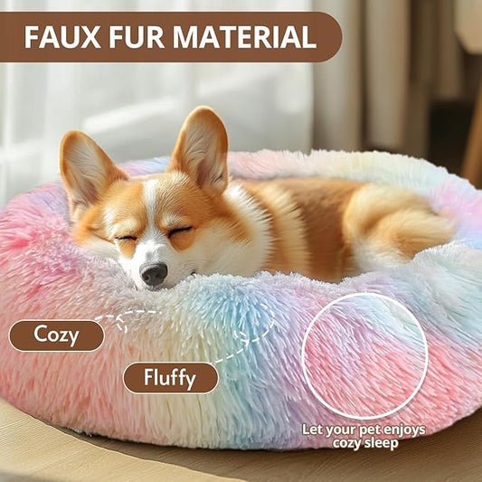 JOLLYVOGUE Calming Dog Beds Large Sized Dog, 36in Donut Washable Large Pet Bed, Anti-Slip & Anti-Anxiety Fluffy Faux Fur Round Dogs Bed, Fits up to 80 lbs Pets (Rainbow)
