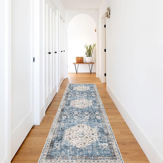 RUUGME Washable Runner Rug 2x7 - Vintage Kitchen Area Rug Stain Resistant Rugs for Living Room Bedroom Laundry Room Mat Distressed Rug Hallway Floor Carpet Runner for Bathroom 2'x7' Aqua Blue