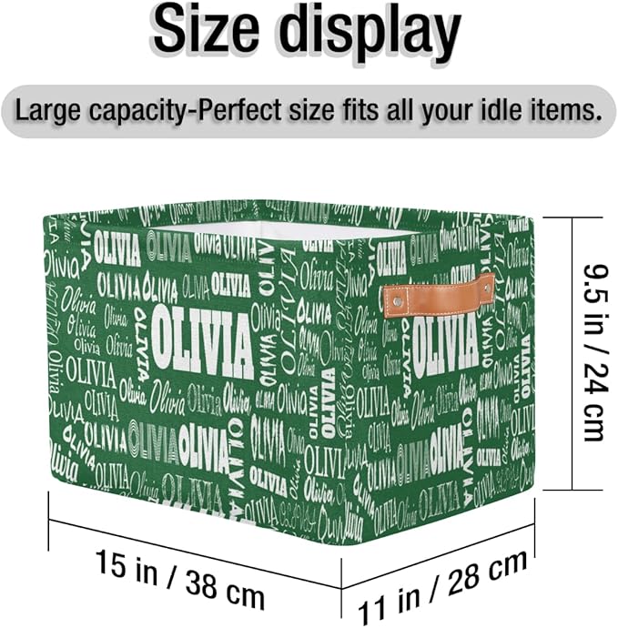 Personalized Name Storage Basket with Handles, Canvas Storage Bins Toys Clothes Organizer for Bedroom, Kitchen, Bathroom, Nursery, Shelves, Closets, Deep Green Color Background