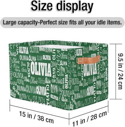 Personalized Name Storage Basket with Handles, Canvas Storage Bins Toys Clothes Organizer for Bedroom, Kitchen, Bathroom, Nursery, Shelves, Closets, Deep Green Color Background