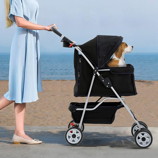 4 Wheels Pet Stroller Waterproof,Travel Stroller for Small Medium Dogs & Cats,Easy Fold with Removable Liner,Storage Basket,Black
