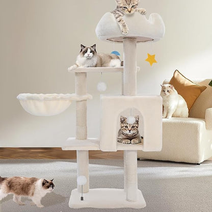 Cat Tree Tower with Metal Frame Hammock, 40'' Cat Trees for Indoor Cats Large Adult, Cat Towers with Scratching Post, Cats Condo Furniture with Cloud Top Perch, Cats Climbing Tower for Kittens(White)