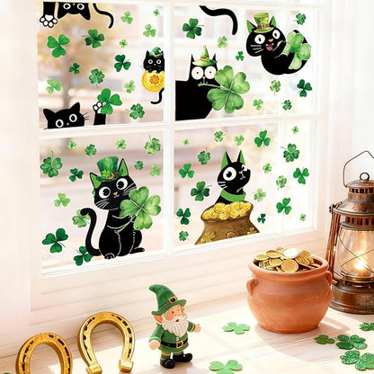Whaline 6 Sheets St. Patrick' s Day Window Clings Black Cat Green Shamrock Clover Window Decal Reusable Anti-Collision Windows Decor for Irish Holiday Party Supplies