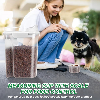 TBMax 2 Pack Cat Dog Food Storage Containers 10 to 14 Lbs, Portable Travel Pet Container Dispenser with Easy-Pouring Spout & Cup, Airtight Bird Seed Container Dog Treat Storage Bin -White