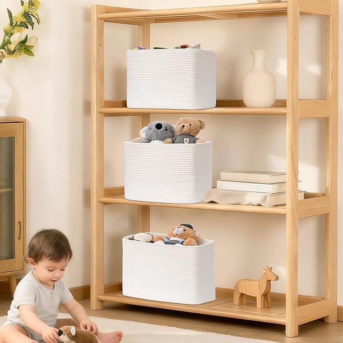 3 Pack Cube Storage Bin, 17”x12”x12” Cotton Rope Woven Baskets for Organizing Toys Clothes Towels, Square Gift Storage Baskets for Shelves, Nursery, Closet, Bathroom, Pantry (White)