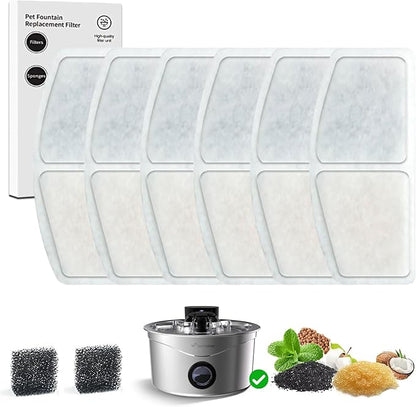 Pet Water Fountain Filter, 8 Cat Dog Water Fountain Filters Replacement Including 6 Filters & 2 Sponges