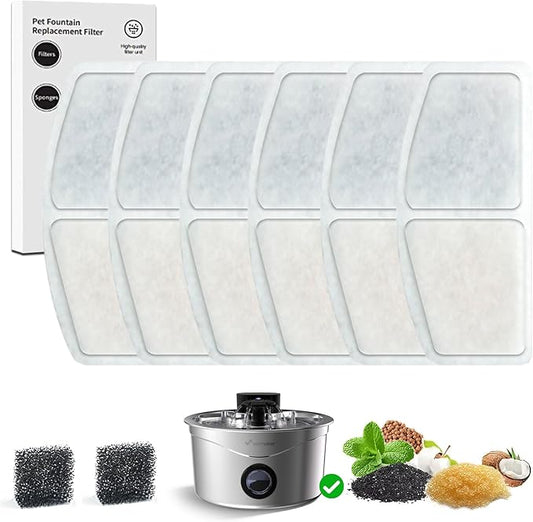 Pet Water Fountain Filter, 8 Cat Dog Water Fountain Filters Replacement Including 6 Filters & 2 Sponges