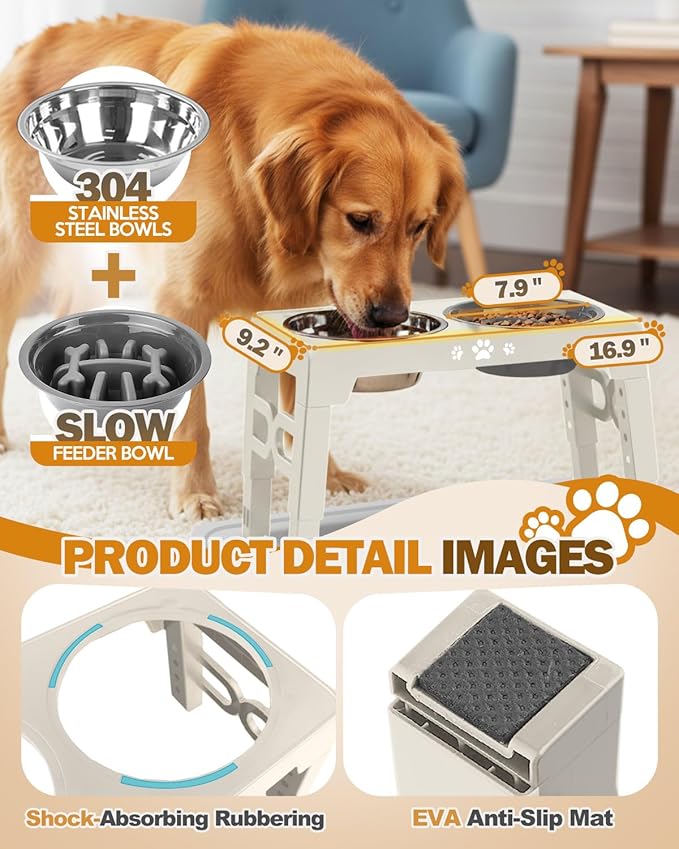 Elevated Dog Bowls with Mat, Non-Slip Dog Feeder with 1*Stainless Steel Dishes & 1*Slow Feeder Bowl, 5 Heights Adjustable Raised Bowls for 3.15″-8.66″-9.84″-11.02″-12.2″