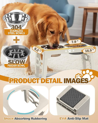 Elevated Dog Bowls with Mat, Non-Slip Dog Feeder with 1*Stainless Steel Dishes & 1*Slow Feeder Bowl, 5 Heights Adjustable Raised Bowls for 3.15″-8.66″-9.84″-11.02″-12.2″