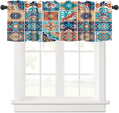 Mexico Fiesta Valance Curtains Blue Mexican Fiesta Dia De Los Muertos Pattern Window Treatment Valances Short Curtains Rod Pocket Drape for Dining Room Home Kitchen Decor, 54x18inch