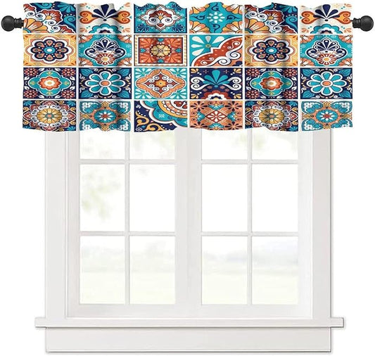 Mexico Fiesta Valance Curtains Blue Mexican Fiesta Dia De Los Muertos Pattern Window Treatment Valances Short Curtains Rod Pocket Drape for Dining Room Home Kitchen Decor, 54x18inch