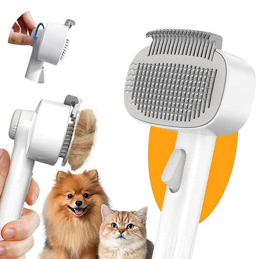 Dog & Cat Brush for Shedding, Self Cleaning Deshedding Brush with Adjustable Bristle Length & Dematting Comb, Skin Friendly Grooming Tool for Long & Medium-Long Hair Pets