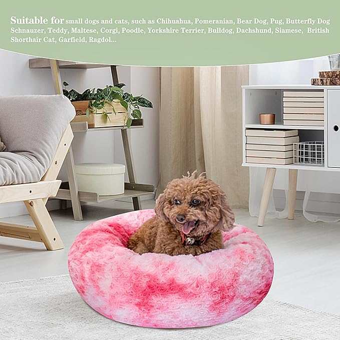 Calming Dog Bed for Small Dogs Cats, Kitty Puppy 23'' Round Anti-Anxiety Warm Fluffy Plush Faux Fur Bed, Soft Anti-Slip Donut Washable Small Pet Bed, Cozy Cat Puppy Bed, Fits up to 30 lbs Pets