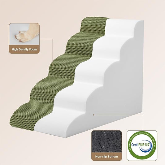 EHEYCIGA Curved Dog Stairs Ramp for High Beds 22.6" H, 5-Step Dog Steps for Small Dogs and Cats, Pet Stairs for High Bed Climbing, Non-Slip Balanced Pet Step Indoor, Olive Green