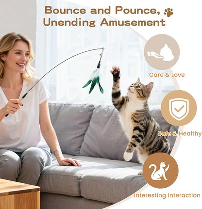 Pawaboo Feather Teaser Cat Toy, Interactive Wands Cats Toy Flying Feathers Cat Catcher with Extra Long 34.5" Wand and Small Bell, Playing Toys, 1 Wand + 6 Feathers, Multi-Color Feather Blend