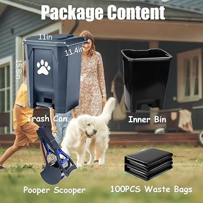 Dog Poop Trash Can Outside with Pooper Scooper, Outdoor Dog Waste Trash Can with Lid Waste Bag Odor Control for Yard Garden, 20L Grey
