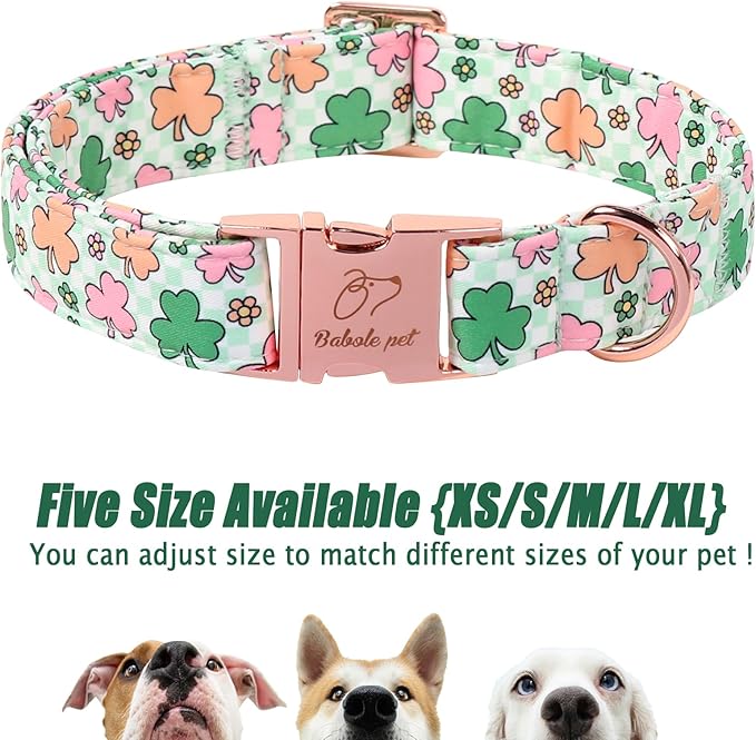St. Patrick's Day Dog Collar for Small Dogs - Lucky Clover Pastel Dog Collars, Irish Spring Shamrock Pet Collars, Adjustable Heavy Duty Dogs Collar with Metal Buckle S