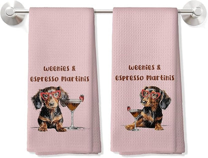 Weenies and Espresso Martini Kitchen Towels Set of 2, Dachshund Lover Gifts Dish Tea Towels for Kitchen, Gifts Cocktail Lovers Hand Towels, Weiner Dog Gifts, 16x24 Inch,CC154