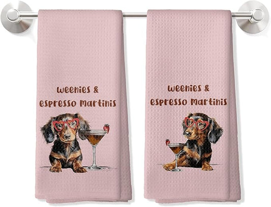 Weenies and Espresso Martini Kitchen Towels Set of 2, Dachshund Lover Gifts Dish Tea Towels for Kitchen, Gifts Cocktail Lovers Hand Towels, Weiner Dog Gifts, 16x24 Inch,CC154
