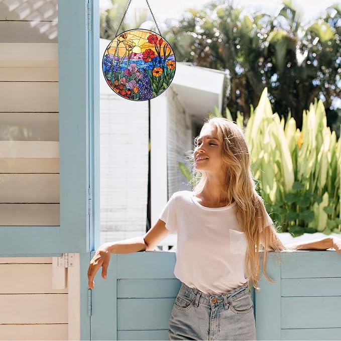 Wildflowers Stained Glass Suncatcher Hanging Window Decor, Colorful Sun Catcher for Indoor Window, Unique Gift for Women Mom Birthday Christmas Home Decoration, 7.87in