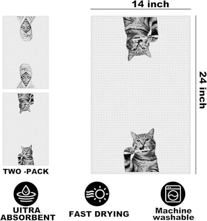 Hanamiya Na 2 Pcs Cute Cat Gifts Hand Towels 24x14 Inch, Funny Cats Gift Reusable Dish Towels for Kitchen Decor, Waffle Weave Absorbent Hand Cloth Tea Towel, Cat Lover Gifts for Women Mom Friend