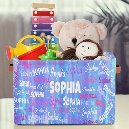 Custom Storage Baskets Named, Personalized Storage Bins Basket Boxes PU Leather Handles for Clothes Bedroom Closet Organizing Toys Books Shelves, Gradient Light Blue Stripes with Stars