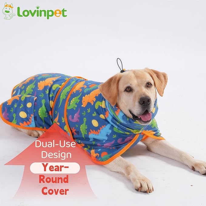 LovinPet 3‑in‑1 Dog Warm Winter Coat & Bathrobe, Hooded Dinosaur Fleece,Lightweight High‑Loft,Absorbent Knit, Quiet Hook‑and‑Loop, Wind‑Blocking Edges,Dog Robes for Medium & Large Dogs, Teal Blue,2XL
