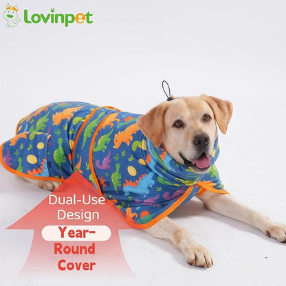 LovinPet 3‑in‑1 Dog Warm Winter Coat & Bathrobe, Hooded Dinosaur Fleece,Lightweight High‑Loft,Absorbent Knit, Quiet Hook‑and‑Loop, Wind‑Blocking Edges,Dog Robes for Medium & Large Dogs, Teal Blue,2XL