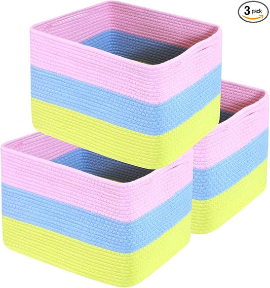 Hopegiver Rainbow Cotton Rope Storage Baskets Set of 3 for Kids Baby, Colorful Storage Bins for Toys, Woven Organizer Baskets Room Decor for Nursery & Playroom(Pink&Blue&Yellow, 15x11x10 IN)