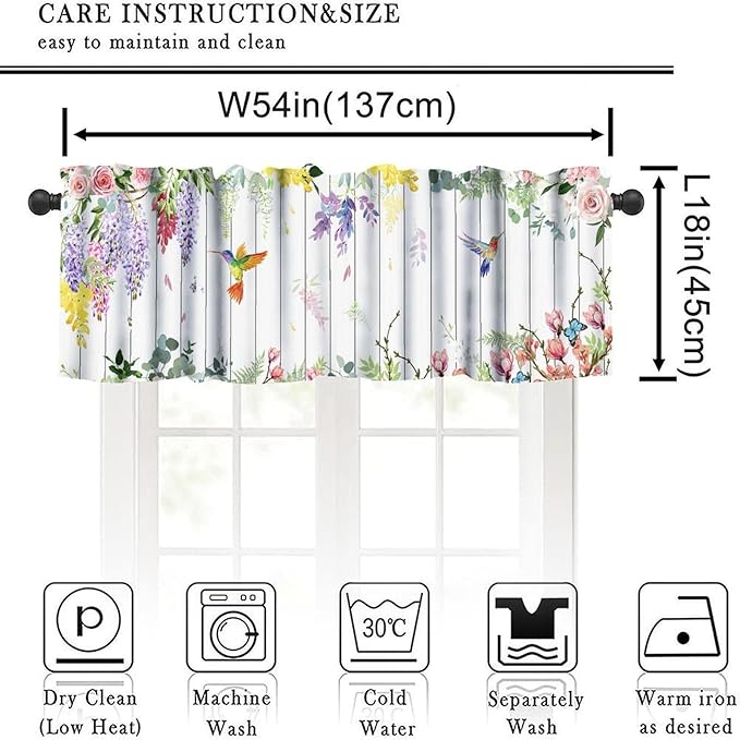 Vintage Flower Hummingbird Window Valance Curtains, Boho Watercolor Spring Bird Lavender Pink Floral Plant Valance Curtain for Farmhouse Bedroom Living Room Kitchen 54x18inch