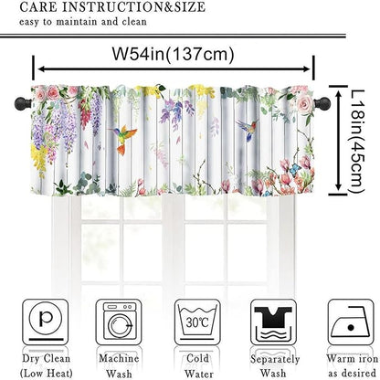 Vintage Flower Hummingbird Window Valance Curtains, Boho Watercolor Spring Bird Lavender Pink Floral Plant Valance Curtain for Farmhouse Bedroom Living Room Kitchen 54x18inch