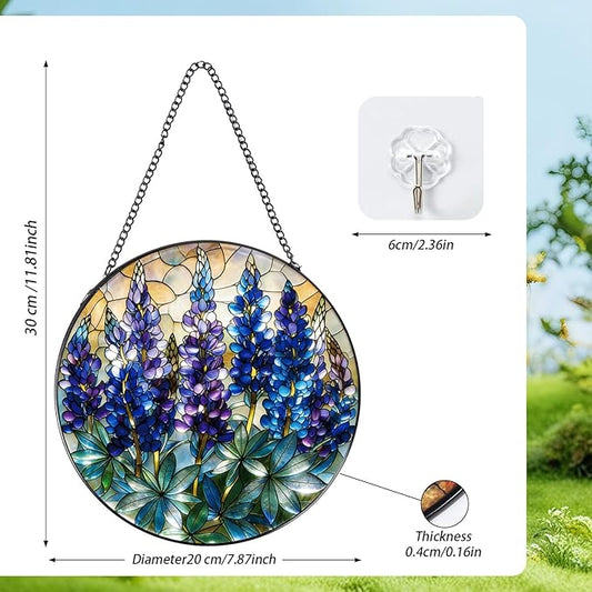 Stained Glass Window Hanging, 7.8″ Blue Flower Sun Catchers with Hook Indoor Window Decor, Decorative Suncatchers Hanging Ornaments Home Garden Art Gift for Housewarming